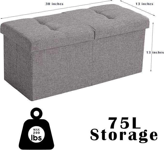 CUYOCA Storage Ottoman Bench Foldable Seat Footrest Shoe Bench End of Bed Storage with Flipping Lid, 75L Storage Space, 30 inches Linen Fabric Dark Blue