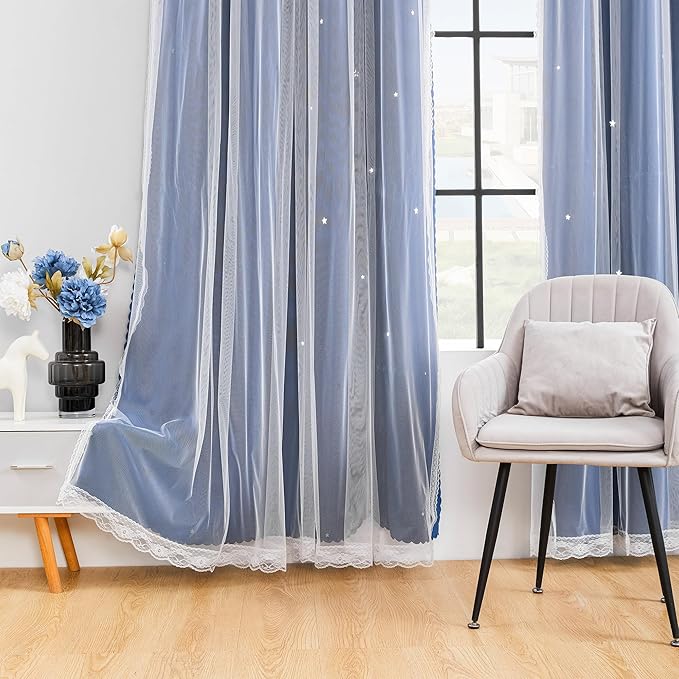XiDi Black Out Curtains for Bedroom, Double Layer, Unicorn Pattern, Navy Blue