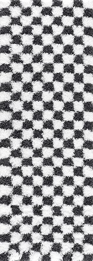 Hauteloom Atira Contemporary Checkered Fluffy Shag Area Rug - Modern Geometric Carpet Tiles for Living Room, Kids Room, Nursery - Plush Pile - Black, White - 5'3" x 7'3"