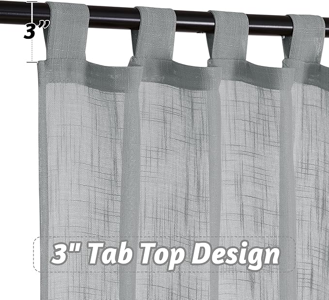 RYB HOME Semi Sheer Curtains - Linen Textured Sheer Privacy Protect Light Glare Filtering Window Curtains for Bedroom Bathroom, W 52 x L 72 inches, 1 Pair, Grey