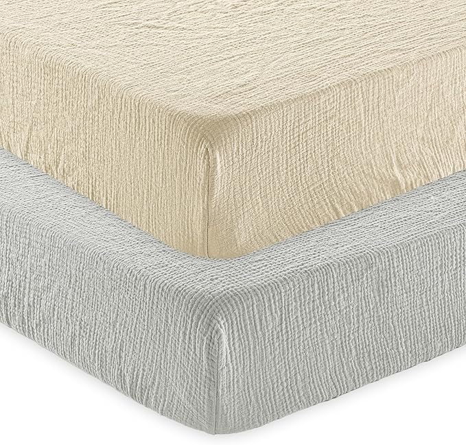 david's kids Muslin Crib Sheets for Boys Girls, 2 Pack 100% Cotton Soft Breathable Fitted Baby Neutral Sheet Set, Standard 52"x28" Crib and Toddler Mattress, Oat Milk & Light Gray