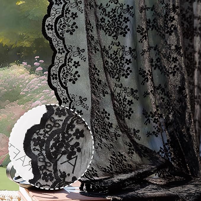 Anmao Vintage Lace Curtains 63 Inches Long 2 Panels Set, Romantic Elegant Light Filtering Semi Sheer Floral Thick Lacy Curtain Drapes for Living Room and Bedroom, Each Panel 55W x 63L, Black