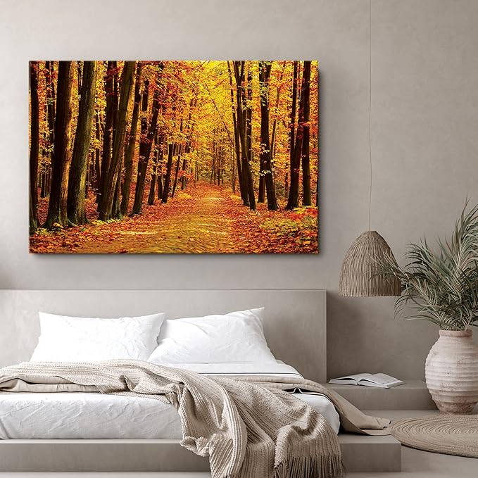 SIGNWIN Canvas Print Wall Art Walk Through Red Yellow Leaf Autumn Forest Nature Wilderness Photography Modern Art Rustic Landscape Relax/Calm Multicolor for Living Room, Bedroom, Office - 24x36