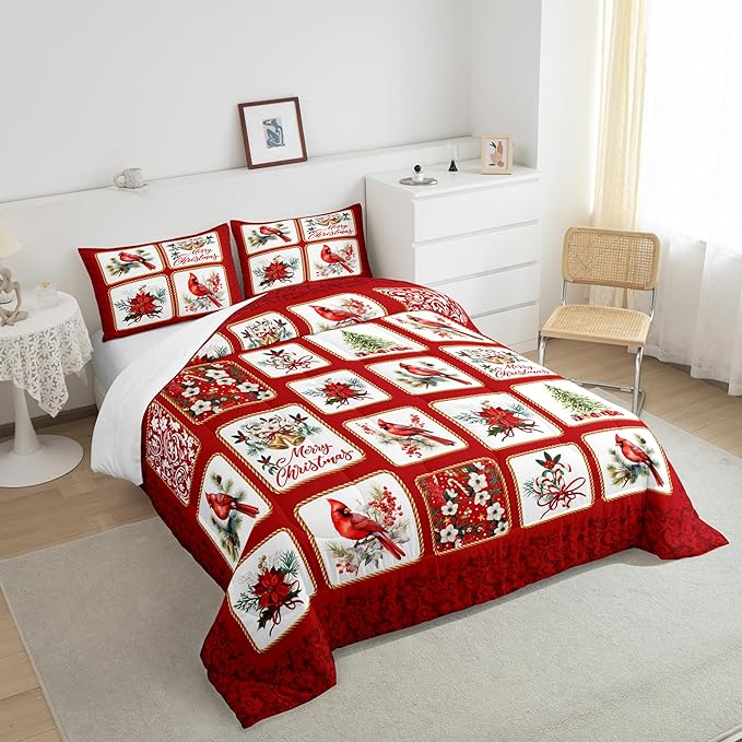 Castle Fairy Merry Christmas Comforter Set King Size,Red Patchwork Xmas Themed Plaid Bedding Set All Season Quilt Set,Cardinals Berries Bells Floral Pine Microfiber Polyester Down Comforter