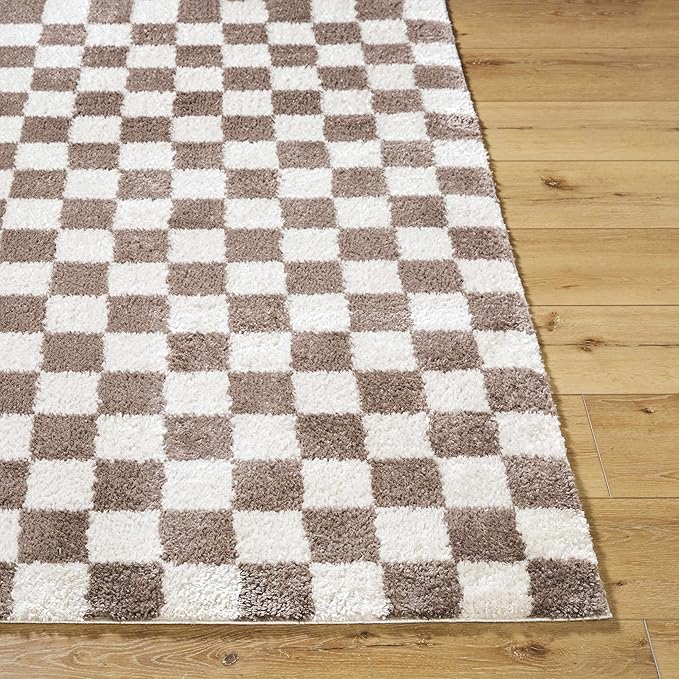 Hauteloom Canika Modern Checkered High Pile Area Rug - Contemporary Geometric Carpet for Living Room, Bedroom - Machine Washable Area Rug - Off-White, Dark Brown - 7'10" x 10'