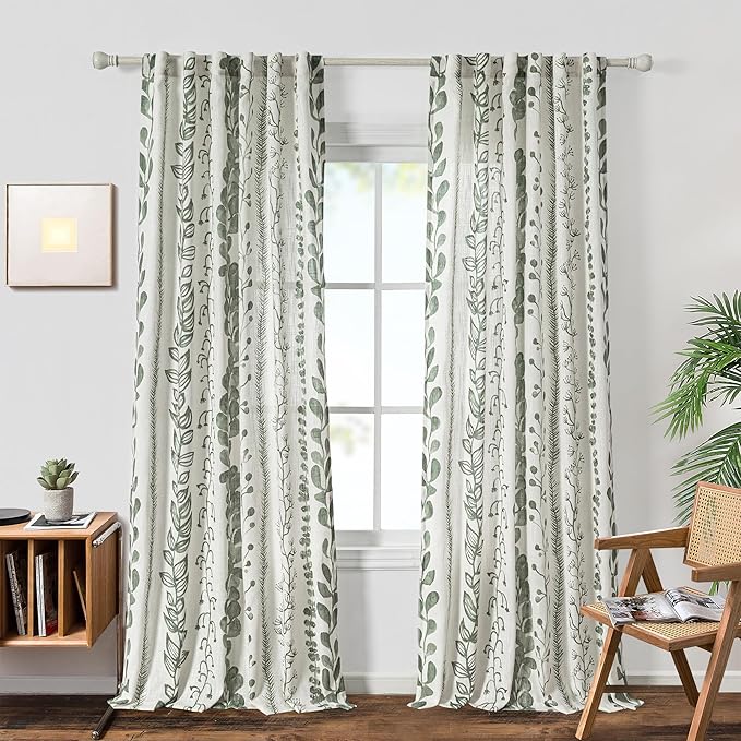 MEETSKY Sage Green Curtains 90 Inches Long 2 Panels Boho Curtains for Living Room Light Filtering Patterned Drapes for Bedroom Linen Style Back Tab Leaf Print Window Treatment, 50” Wide Each Panel