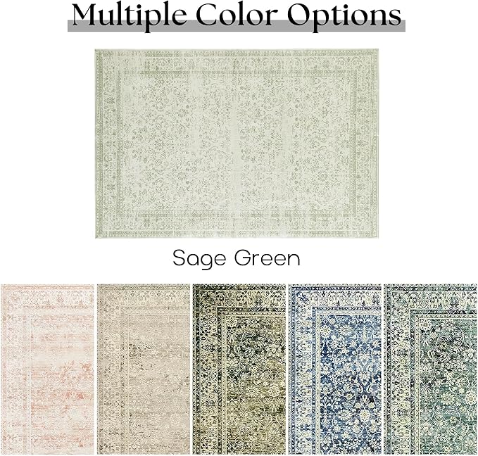 Sage Green Area Rugs Washable Rug for Living Room Bedroom, Faux Wool Soft No Slip Floral Boho Vintage Extra Large Carpet for Dining Room 9x12