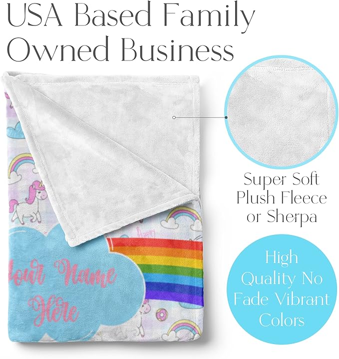 Personalized Rainbow Unicorn Throw Blanket for Girls and Boys with Custom Name, Cute Soft Bedding for Nursery Room or Tummy Play, Warm and Plush (Fleece 60x80)