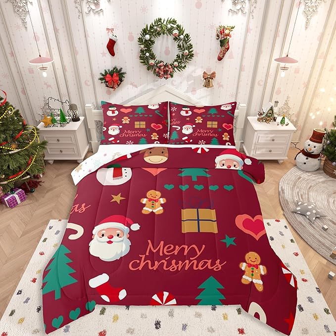 Feelyou Merry Christmas Comforter Set All Season Santa Claus Snowman Bedding Set with 1 Pillow Cases Gingerbread Man Microfiber Kids Toddler Bedclothes Xmas Tree Deer Bedroom Decor Duvet Quilt Soft