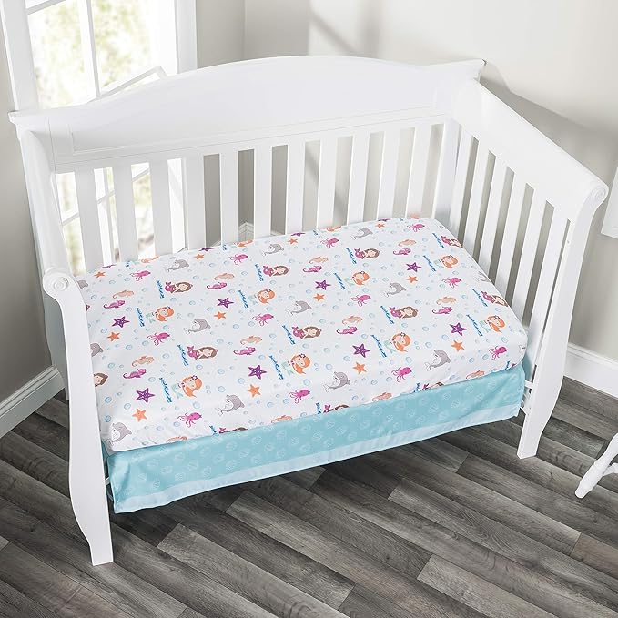 EVERYDAY KIDS 3 Piece Girls Crib Bedding Set - Mermaid Adventures - Includes Quilt, Fitted Sheet and Dust Ruffle - Nursery Bedding Set - Baby Crib Bedding Set