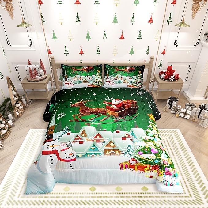 Manfei Christmas Comforter Set Full Size, Snowman Xmas Tree Quilt Set with 2 Pillowcases, Santa Claus with Deer Bedding Set 3pcs for Kids Boys Girls Room Decor New Year Theme Duvet Insert