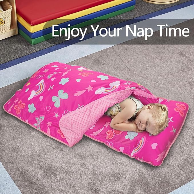 Primlect Toddler Nap Mat Extra Large Thickened 55''x35'', Soft Sleeping Bag with Detachable Minky Blanket and Pillow, Portable for Daycare, Preschool, Kindergarten, Travel, Boys and Girls