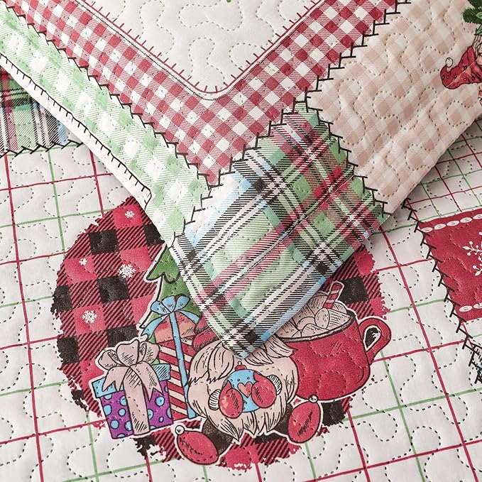 Christmas Bedding Set Twin Christmas Quilt Bedspread Xmas Coverlet,Red Green Plaid Patchwork Christmas Quilt Bedding Holiday Christmas Quilt Bedspread Lightweight Reversible Gnome Christmas Decor Gift