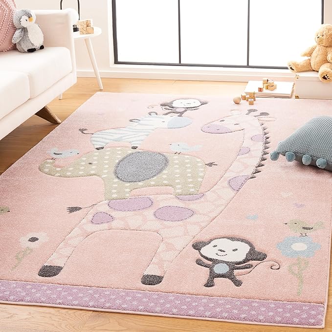 SAFAVIEH Carousel Kids Collection Area Rug - 4' Square, Blush Pink, Animal Design, Ideal for High Traffic Area for Boys & Girls in Playroom, Nursery, Bedroom (CRK120U-4SQ)