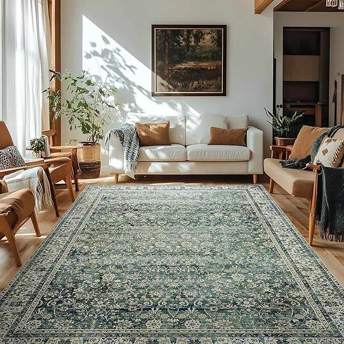 Dark Emerald Green Area Rugs 8x10 for Living Room,Washable Faux Wool Moody Floral Boho Vintage Oriental Indoor Large Carpet for Bedroom Under Bed Dining Room Under Table