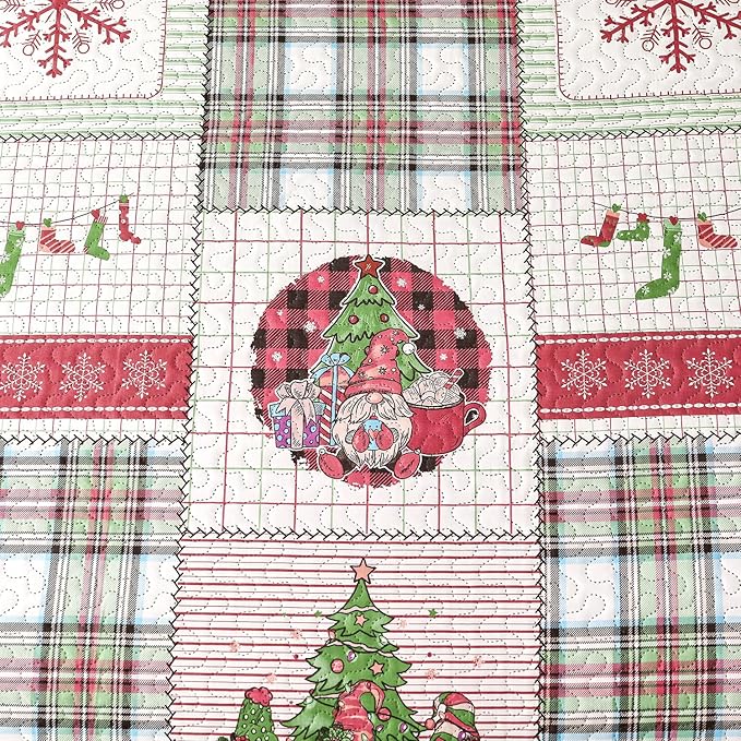 Christmas Bedding Set Twin Christmas Quilt Bedspread Xmas Coverlet,Red Green Plaid Patchwork Christmas Quilt Bedding Holiday Christmas Quilt Bedspread Lightweight Reversible Gnome Christmas Decor Gift