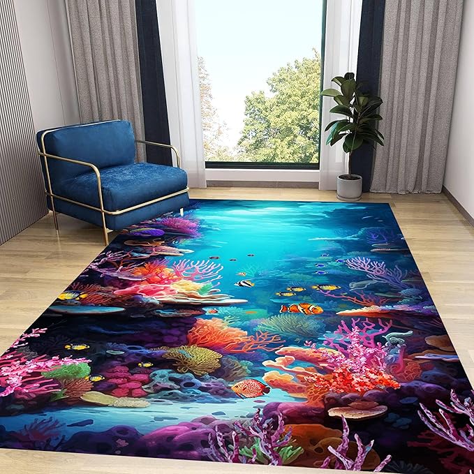 Under The Sea Area Rug, 4x6ft, Underwater World Coral Carpets for Bedroom, Marine Animal Tropical Fish Non-Slip Carpet, Low Pile Thin Absorbent Machine Washable Rugs for Living Room