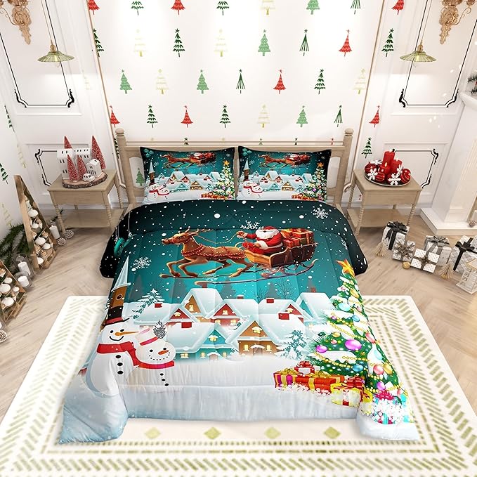 Manfei Christmas Comforter Set King Size, Xmas Tree Snowman Bedding Set 3pcs for Kids Boys Girls Room Decor, Santa Claus with Reindeer Quilt Set New Year Theme Duvet Set with 2 Pillowcases