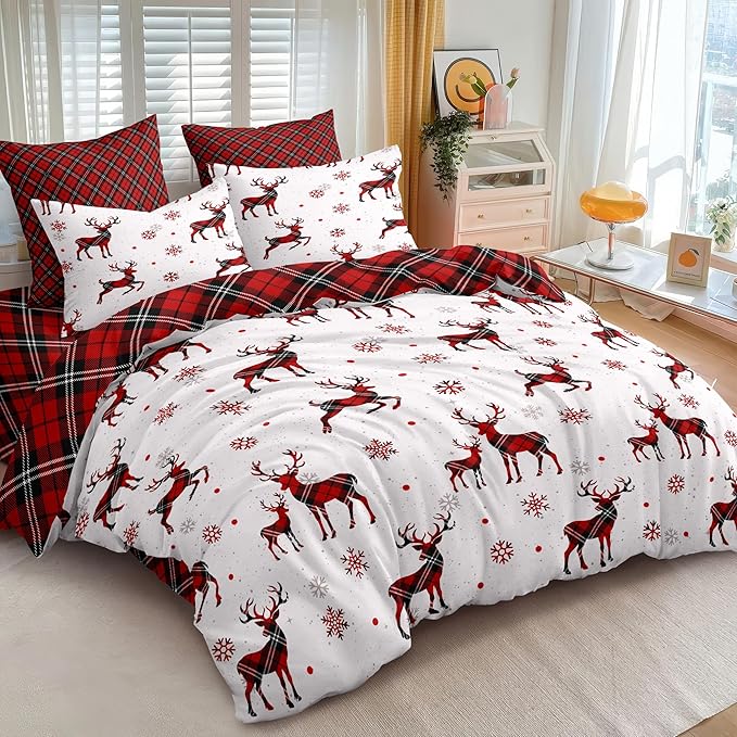 Christmas Duvet Cover King Size Red Gingham Christmas Deer Bedding Set Kids Boys Girls Grid Checked Xmas Snowflake Elk Comforter Cover 3 Pieces with Zipper Closure (No Comforter)