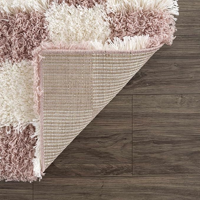 Hauteloom Atira Contemporary Checkered Fluffy Shag Area Rug - Modern Geometric Carpet Tiles for Living Room, Kids Room, Nursery - Plush Pile - Pink, Cream, White - 7'10" x 10'3"