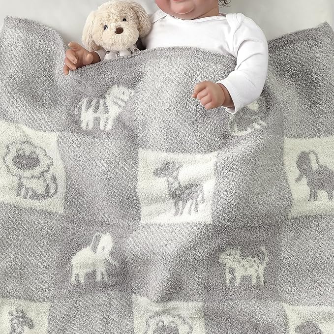 CREVENT 2Pcs 30''X40'' Cute Cozy Fluffy Warm Baby Blankets for Infants Toddlers' Bedding Crib Cot Stroller - Grey Cloud + Knit Animal Grey