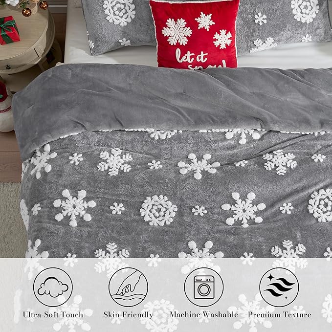 Amélie Home Christmas Comforter Set Queen, Fluffy Fleece Bedding Set with Christmas Snowflake, Grey Plush Comforter for Winter, 3 Pieces, 1 Soft Comforter and 2 Pillow Shams
