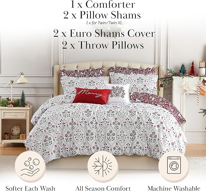 Southshore Fine Living, Inc. 7-Piece Christmas Comforter Set Cal King, Red & White Christmas Bedding King, Reversible Winter Comforter, Holiday Bedding, 4 Shams, 2 Throw Pillows - Holiday Harmony