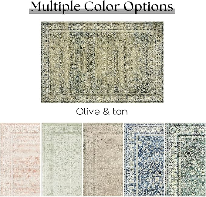 Olive Green Boho Area Rug 5 x7 for Living Room Washable Faux Wool Low Pile Stain Resistant Rubber Backed Cottagecore Neutral Bedroom Nursery Rugs 5x7