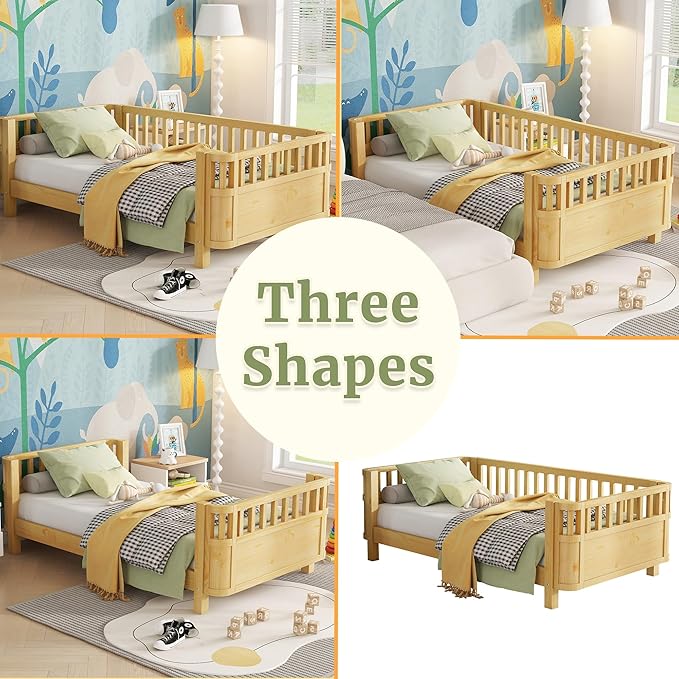 Twin Kids Platform Bed Frame with Rails, Wood Low Montessori Bed with Slats Support, Modern Daybed with Detachable Side Rails, Kids Beds for Boys Girls Bedroom, Natural