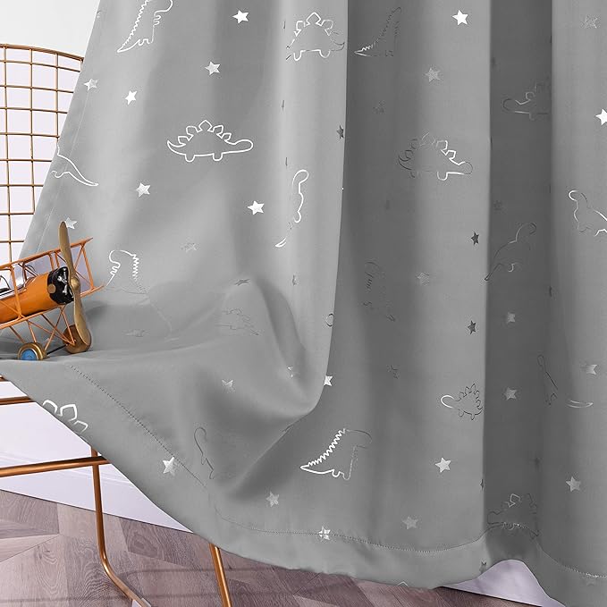 LORDTEX Dinosaur and Star Foil Print Blackout Curtains for Kids Room - Thermal Insulated Curtains Noise Reducing Window Drapes for Boys and Girls Bedroom, 42 x 63 Inch, Light Grey, Set of 2 Panels