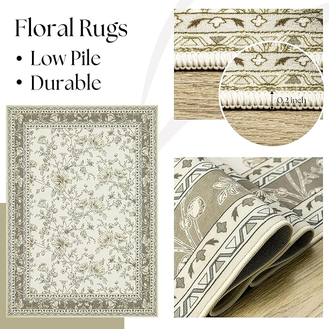 3x5 Beige Khaki Floral Area Rug for Entryway Soft Washable Modern Boho Farmhouse Rug Non-Slip Taupe Oatmeal Earth Tone Sketch Style Flower Vintage Aesthetic Carpet for Bedroom, Dining Room Door Mat