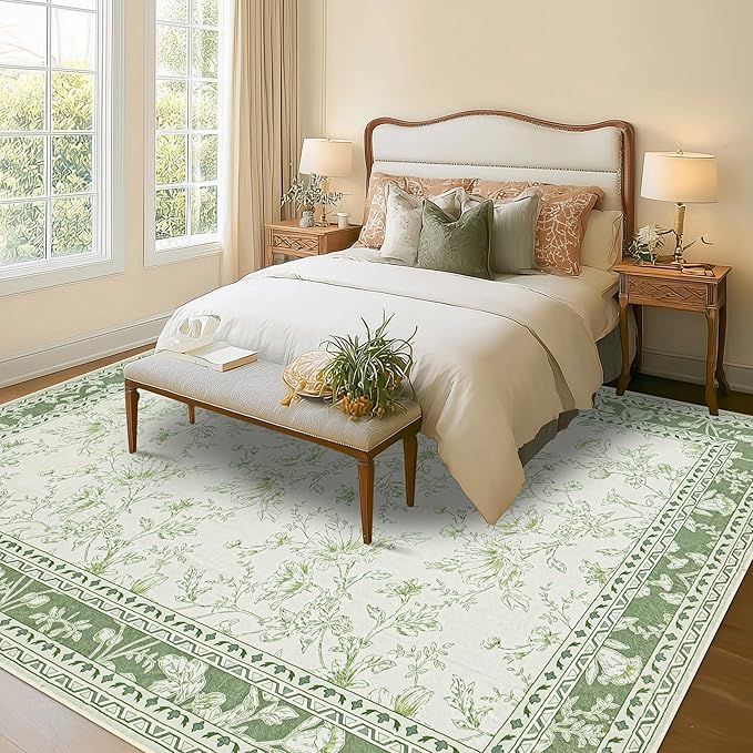 Sage Green Area Rugs 8x10 for Living Room Boho Washable Large Floral Floor Covering, 8 x 10 Cream Beige Green Rugs Bedroom Dining Room, Non Slip Farmhouse Floor Carpet for Kids Playroom Dorm Nursery