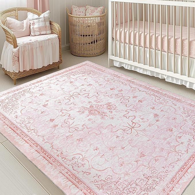 Pink Rug for Bedroom Girl Nursery - Bow Kids Rugs, Cute Coquette Teen Girls Room Decor Aesthetic, Pastel Christmas Rug 5x7, Washable Vintage Cottage Core Area Rugs for Playroom Toddler Baby Dorm