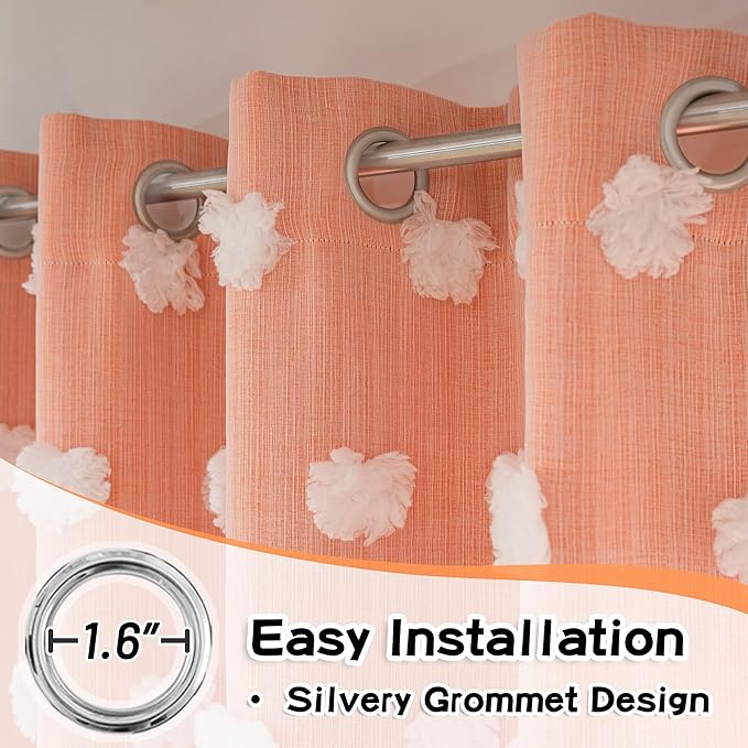 MYSKY HOME Orange Blackout Curtains for Living Room Girls Bedroom Double Layer Curtains Nursery Kids Room 84 Inch Long Curtains White Pom Pom Sheer Grommet Room Darkening Window Curtains, 52" x 84"