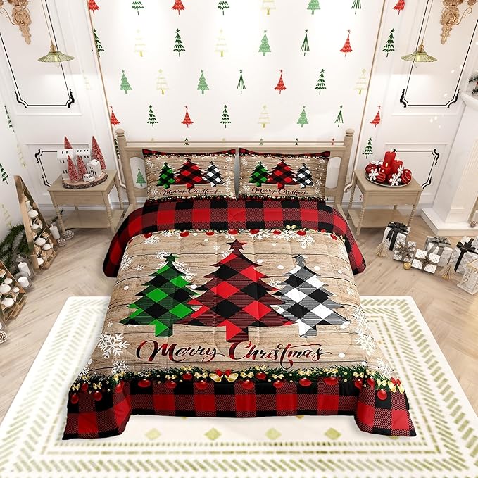 Manfei Plaid Tree Comforter Set Queen Size, Wooden Stripe Print Bedding Set 3pcs for Kids Boys Girls Bedroom Decor, Christmas Theme New Year Quilt Set with 2 Pillowcases