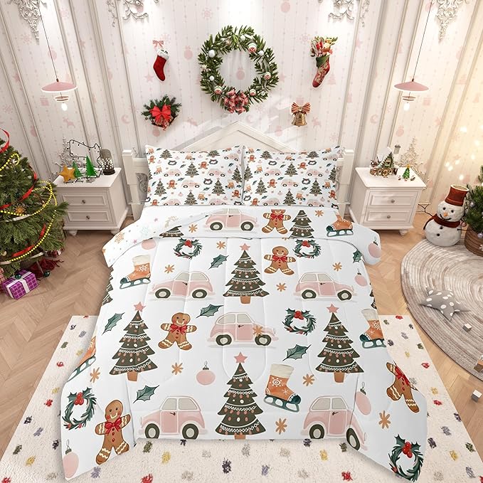 Feelyou Xmas Tree Car Comforter Set All Season Gingerbread Man Bedding Set with 2 Pillow Cases Garland Microfiber Kids Queen Bedclothes Bedroom Decor Duvet Quilt Breathable Soft