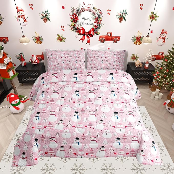 Castle Fairy Snowman Christmas Tree Comforter Set,Cartoon Pink Dreamy Bedding Set Kids Teens Modern Decor,Merry Christmas Comforter with 1 Pillowcase for All Seasons,Twin
