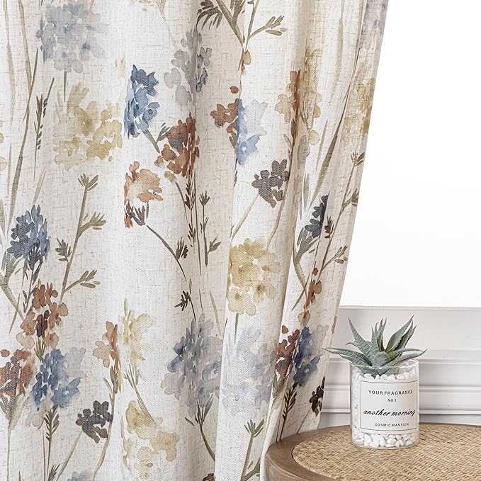 MYSKY HOME Living Room Linen Curtains 90 inch Floral Pattern Light Filtering Privacy Protect Drapes for Window Decoration Rustic Vintage Style for Family Room, 52" Wide, Yellow, 2 Pcs