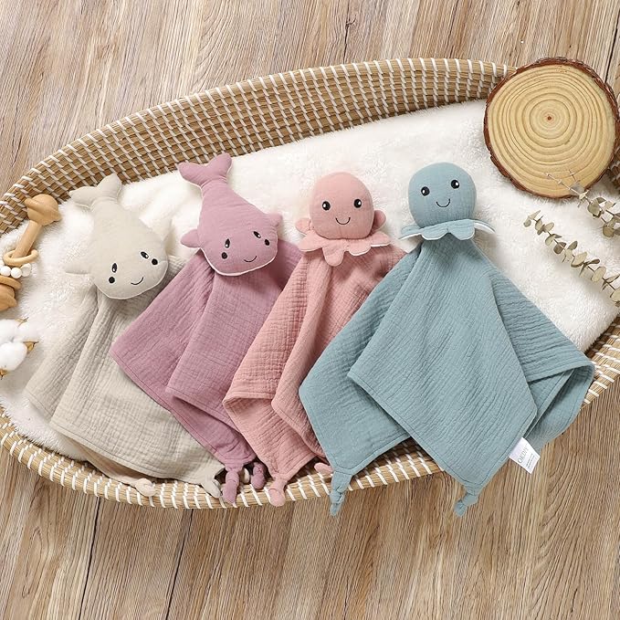 Organic Cotton Muslin Loveys for Babies,Security Blankets for Baby Lovey,Unisex Baby Essentials Neutral,Baby Registry Search,Newborn Baby Gifts for Boys and Girls (Whale Khaki)