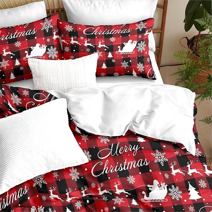Christmas Duvet Cover Queen Size Red Black Gingham Bedding Set 3 Pcs Kids Boys Girls Christmas Deer Pattern Soft Warm Comforter Cover with Zipper Closure