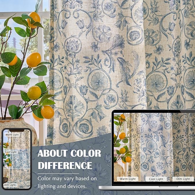 jinchan Linen Floral Curtains for Living Room with Printed Flower 96 Inches Long Light Filtering Farmhouse Window Treatment Vintage Drapes Back Tab Rod Pocket 2 Panels Blue on Beige