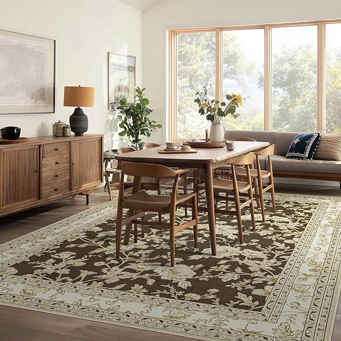 Brown Floral Print Area Rugs for Bedroom Living Room Boho Farmhouse Country Rustic Dining Room Carpet Soft Washable Rugs Non Slip Floor Covering for Nursery Playroom 6x9