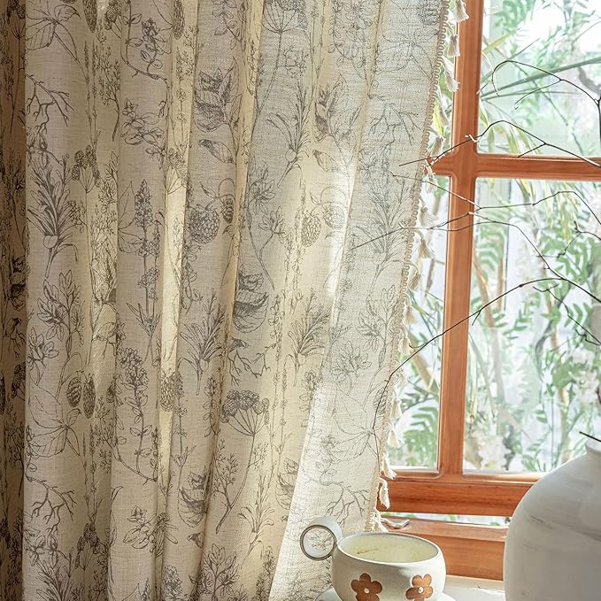 ENJOYBRIDAL Floral Curtains 63 Inch Length Vintage 2 Panels Drapes Short Rod Pocket Semi Sheer Rustic Window Curtain Panels Bedroom Boho Tassel Living Room Farmhouse Botanical Window Treatments