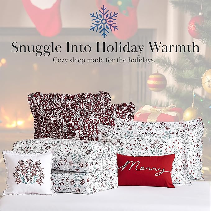 Southshore Fine Living, Inc. 7-Piece Christmas Comforter Set Cal King, Red & White Christmas Bedding King, Reversible Winter Comforter, Holiday Bedding, 4 Shams, 2 Throw Pillows - Holiday Harmony
