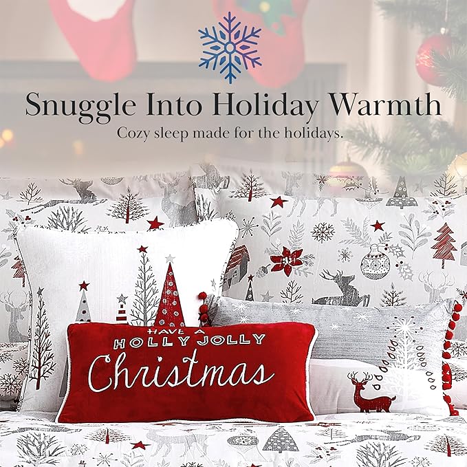 Southshore Fine Living, Inc. 5-Piece Oversized Christmas Comforter Set Twin XL, Reversible Twin Christmas Bedding, Holiday Bedding, 1 Sham, 2 Throw Pillows, 1 Throw Pillow Cover - Holly Jolly