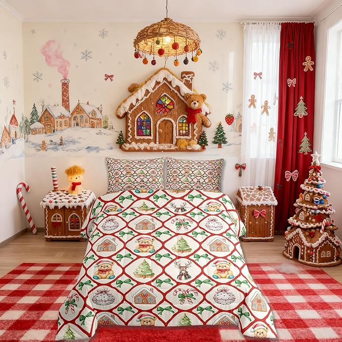 Merry Christmas Kids Comforter Set Queen Size,Kawaii Bowknot Xmas Bear Bedding Set,Room Decor,Pine Tree Geometric Lattice Quilt Comforter,Beige Red Green Duvet Set Bedroom Quilt Set,2 Pillowcases