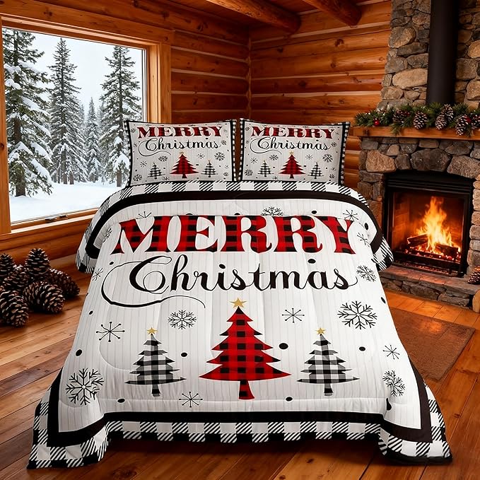 Merry Christmas New Year Kids Comforter Set Twin Size,Snowflake Pine Trees Bedding,Girls Boys Adults Bedroom/Xmas Cabin Decor,Grids Geometric Fashion Down Comforter,Rustic Duvet Insert,1 Pillowcase