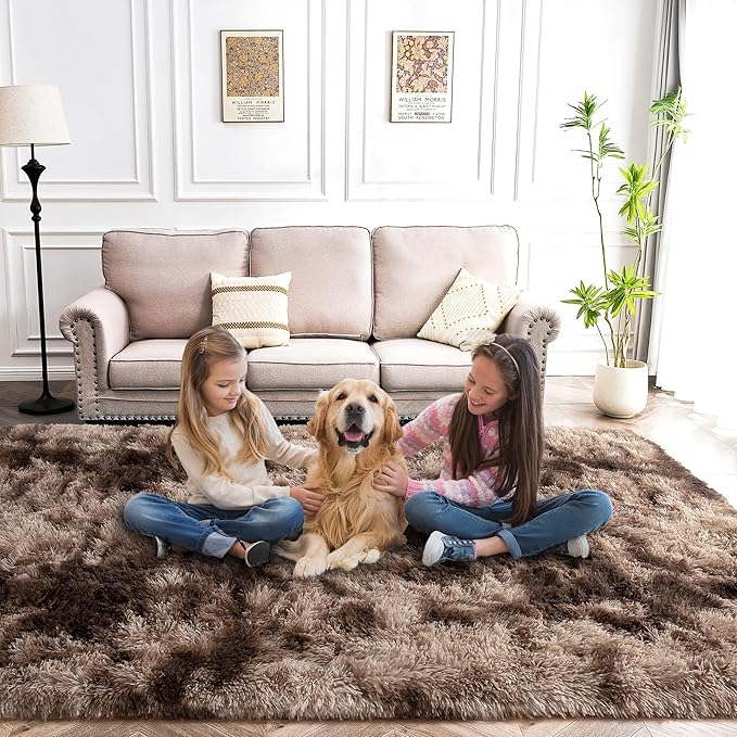 5x7 Shag Area Rug - Fluffy Fuzzy Nursery Kids Girls Room Rug - Soft Plush Furry Bedside Carpet - Tie-Dyed Brown