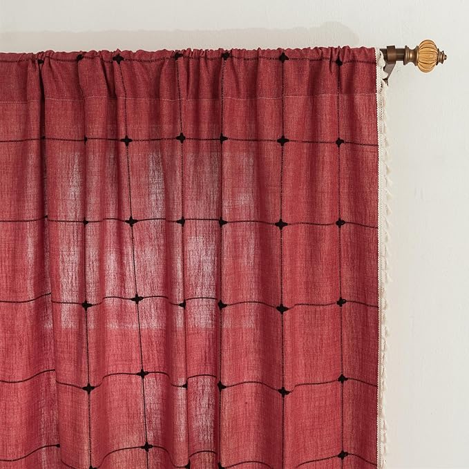 Deeprove Red Boho Curtains for Bedroom 84 Inches Long, Burgundy Checkered Bohemian Chic Textured Embroidery Plaids, Vintage Handmade Tassels Country Xmas Christmas Decor Drapery, 1 Panel W52 x L84
