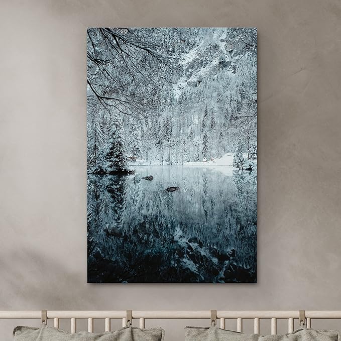 SIGNWIN Canvas Wall Art Woodland Nursery Decor Magical Winter Reflection Lake Nature Forest Photography Realism Rustic Scenic Dramatic Multicolor Cool for Living Room - 16"x24" inches